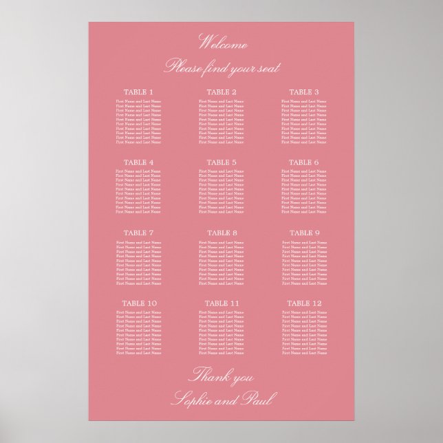 Affiche de plan de table de mariage à 12 tables Ro (Devant)