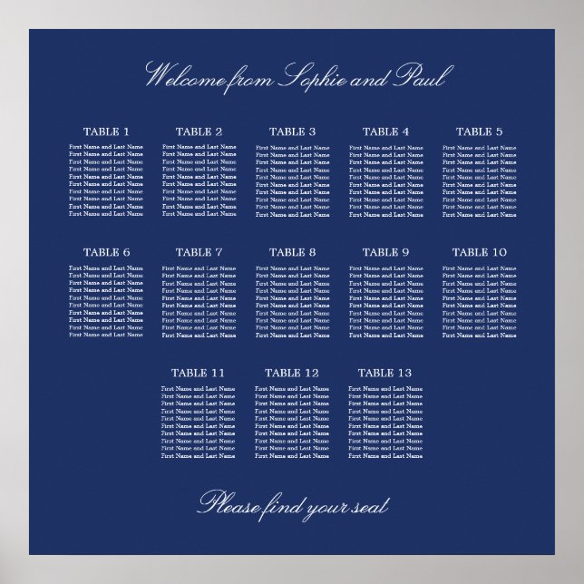 Affiche de plan de table de mariage à 13 tables Bl (Devant)