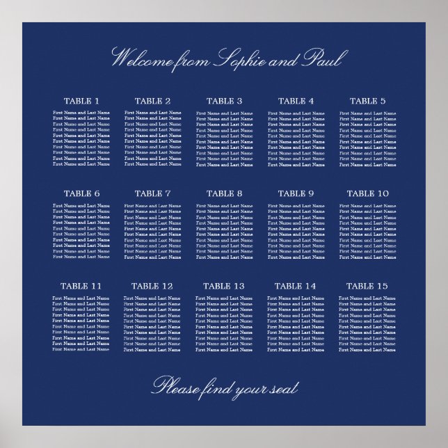 Affiche de plan de table de mariage à 15 tables Bl (Devant)