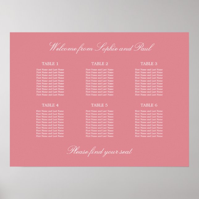 Affiche de plan de table de mariage à 6 tables Ros (Devant)