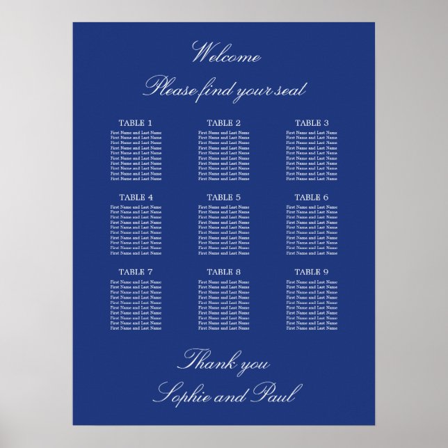 Affiche de plan de table de mariage à 9 tables ble (Devant)