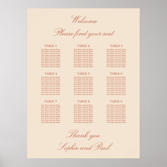 Affiche de plan de table de mariage à 9 tables en  (Devant)