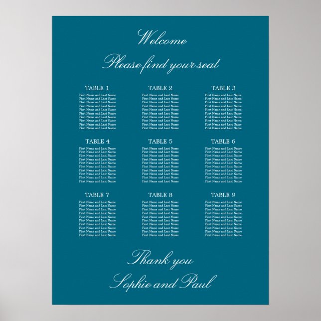 Affiche de plan de table de mariage Turquoise 9 (Devant)