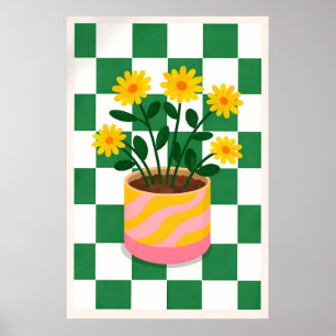 Affiche de plante à fleurs jaunes, damier vert