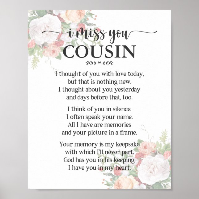 Affiche de poème pour cousin « Je te manque » (Devant)