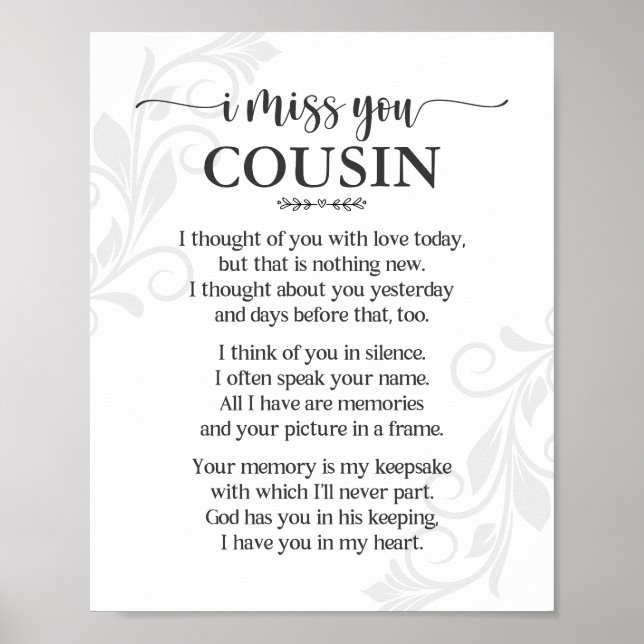 Affiche de poème pour cousin « Tu me manques » (Devant)