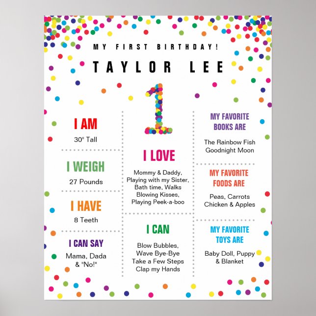 Affiche de premier anniversaire Rainbow Confetti (Devant)