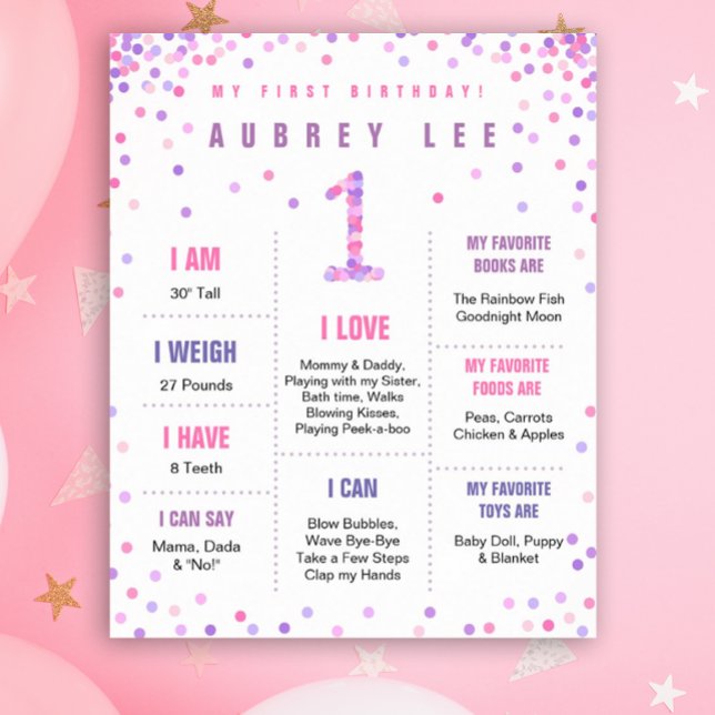 Affiche de premier anniversaire Rainbow Confetti (Milestone poster in pink and purple for your baby girl's first birthday!)