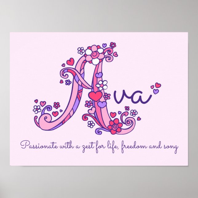 Affiche de prénom de fille Ava avec monogramme art (Devant)