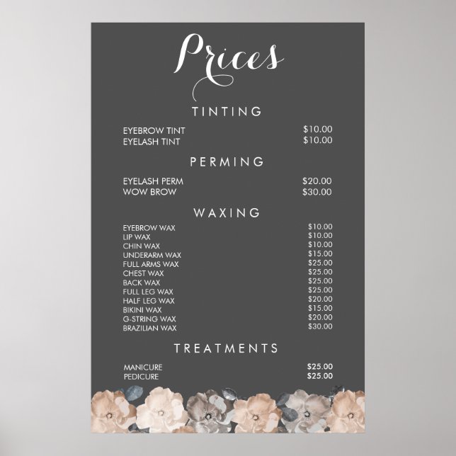 Affiche de prix de menu de salon de beauté de coif (Devant)