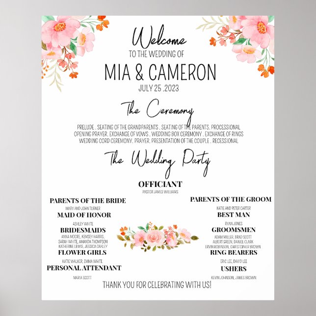 Affiche de programme de mariage floral verdure (Devant)