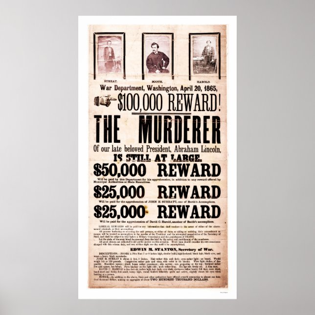 Affiche de récompense pour l'assassinat de Lincoln (Devant)