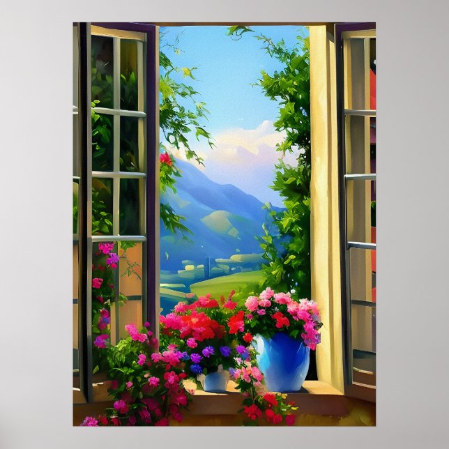 Affiche de scènes de fenêtre Art Montagne Fleurs 1 (Devant)