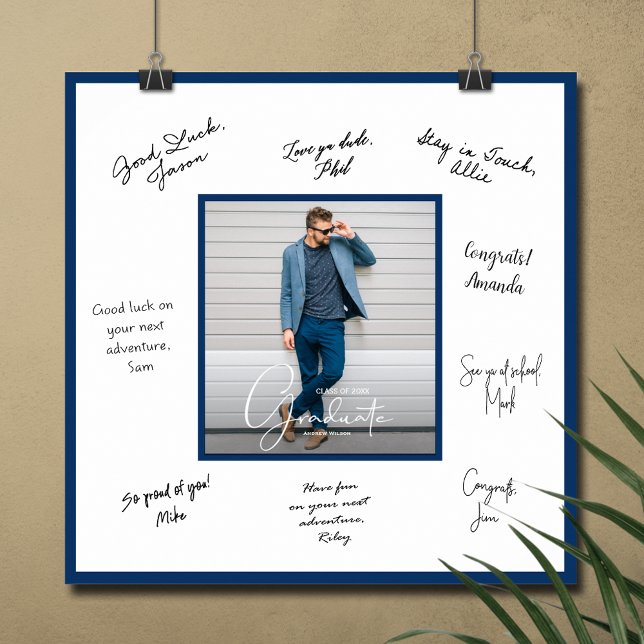 Affiche de signature de remise de diplôme bordure  (Graduation autograph photo poster with navy blue border, INSTANT DOWNLOAD and/or PRINTED)