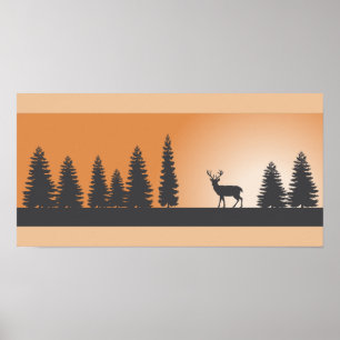Affiche de silhouette de cerfs communs et de pins