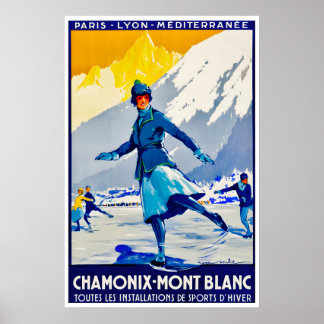 Affiche de ski Chamonix Mont Blanc Art Patinage su