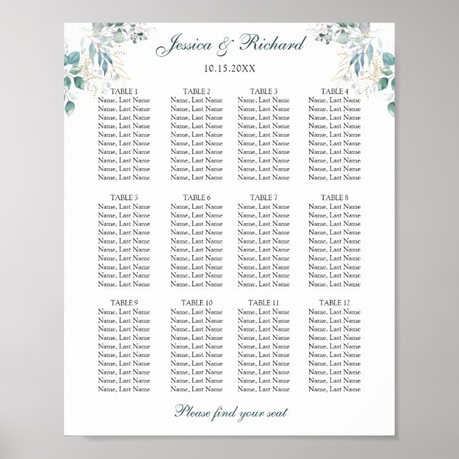 Affiche de tableau de sièges pour 12 tables (Devant)