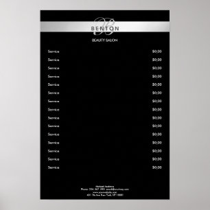 Affiche de Tarifs Élégant Monogramme Noir Argent