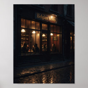 Affiche de taverne belge cosy par nuit pluvieuse