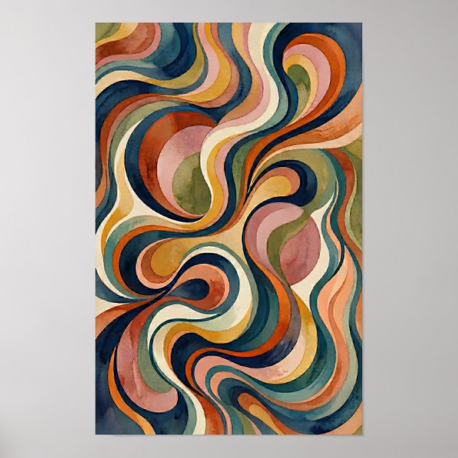 Affiche de vagues à l'aquarelle abstraite Ondes fl (Devant)