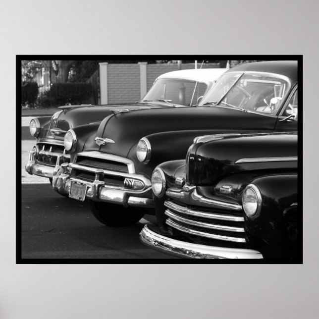 Affiche de voitures classiques en noir et blanc (Devant)