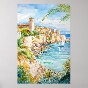 Affiche de voyage à l'aquarelle d'Antibes vintage 