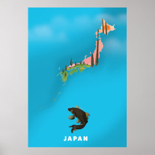 Affiche de voyage carte illustrée du Japon.