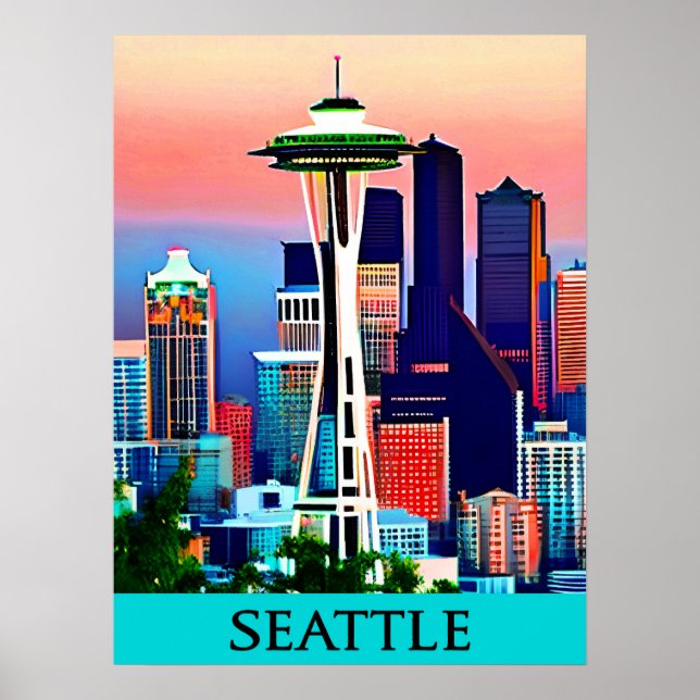 Affiche de voyage de Seattle sous un ciel d'aube (Devant)