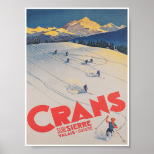Affiche de voyage de ski Vintage Crans Suisse