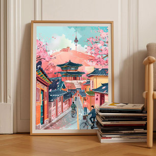 Affiche de voyage illustration Séoul Corée du Sud