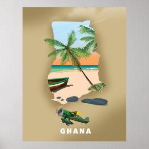 Affiche de voyage illustrée de la carte du Ghana.