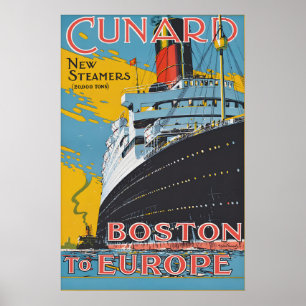 Affiche de voyage vintage Cunard de Boston à l'Eur