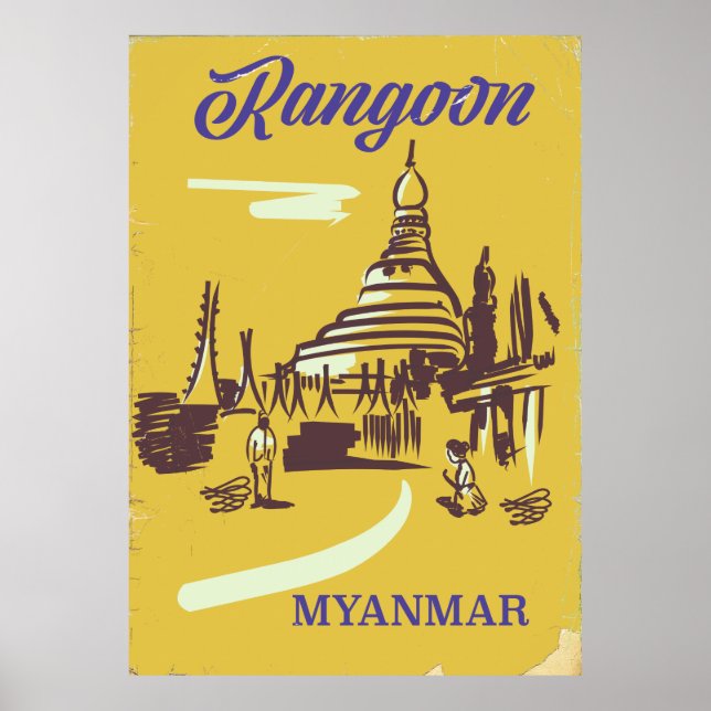 Affiche de voyage vintage de Rangoon Myanmar (Devant)