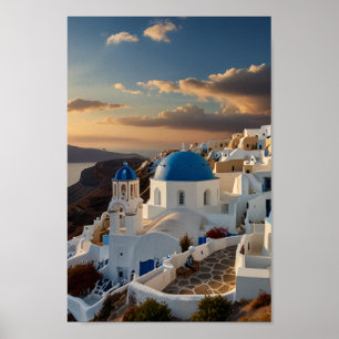 Affiche de voyage vintage Santorin Dômes Bleus