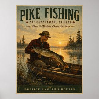 Affiche de voyage vintage sur la pêche au brochet 