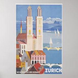 Affiche de voyage vintage Zurich Suisse - Encadrée