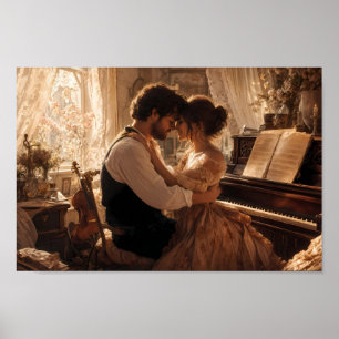 Affiche d'étreinte romantique au piano dans une lu