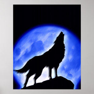 Affiche d'impression de loup hurlant à la lune - A