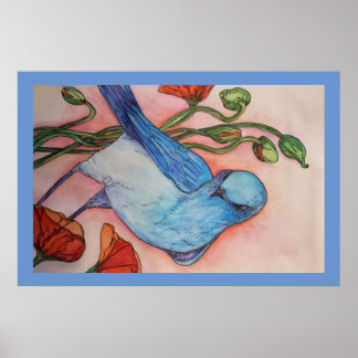 affiche d'oiseaux et de coquelicots bleus