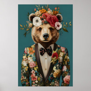 Affiche d'ours en costume, Portrait d'ours, Huile