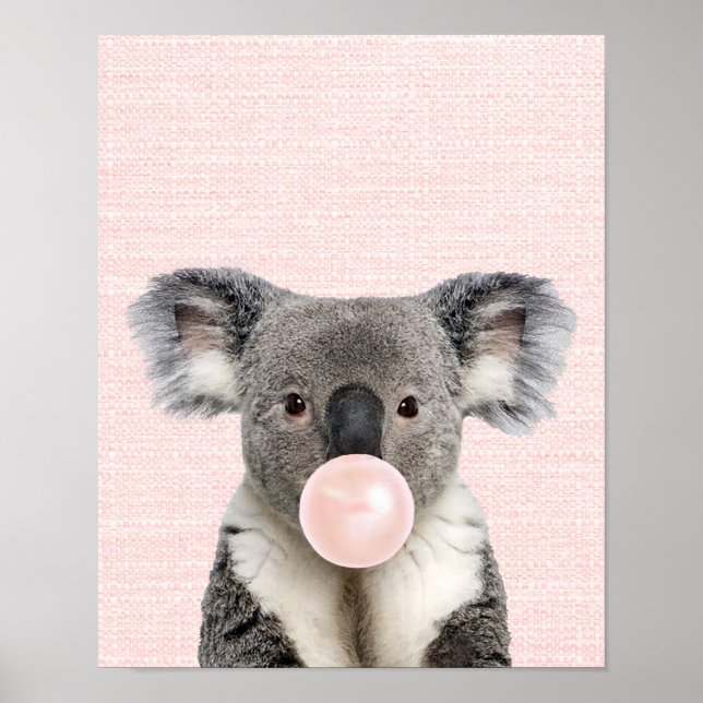 AFFICHE D'OURS KOALA SOUFFLANT UN BUBBLE GUM ROSE (Devant)