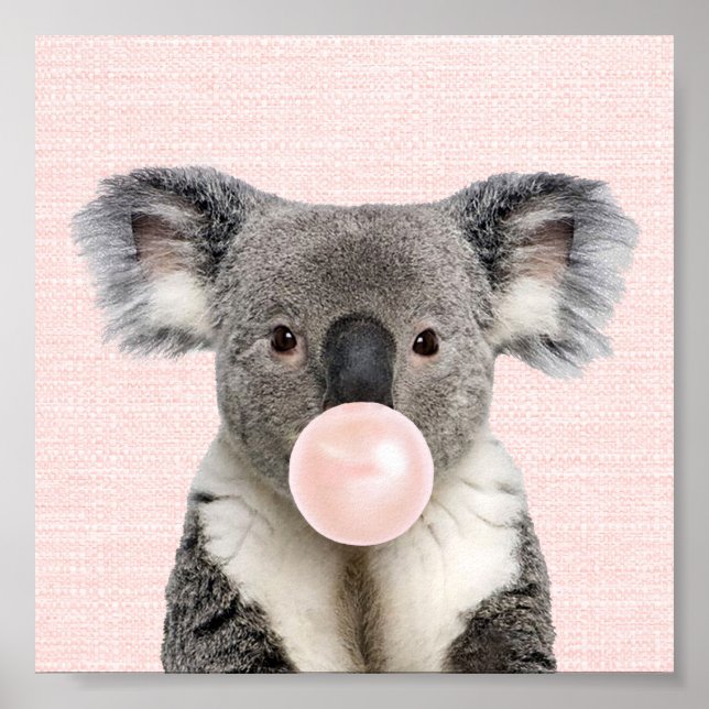 AFFICHE D'OURS KOALA SOUFFLANT UN BUBBLE GUM ROSE (Devant)