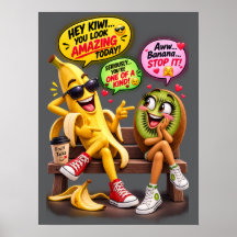 Affiche drôle de banane et de kiwi qui flirtent