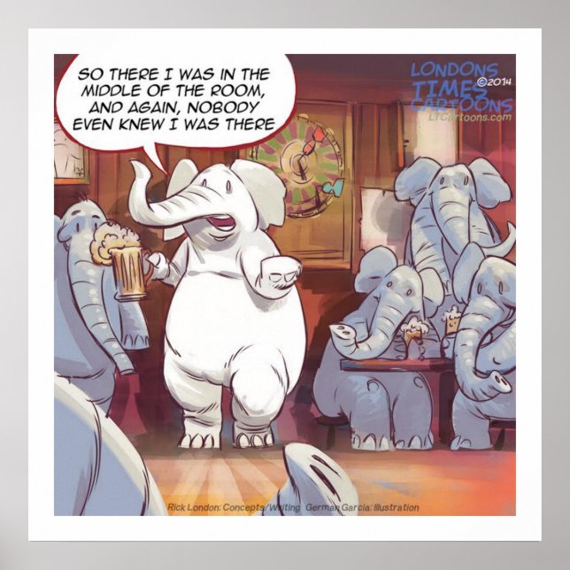 Affiche drôle d'éléphant blanc dans la salle (Devant)