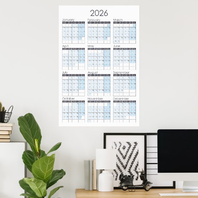 Affiche du calendrier annuel vertical 2026 (Bureau à domicile)