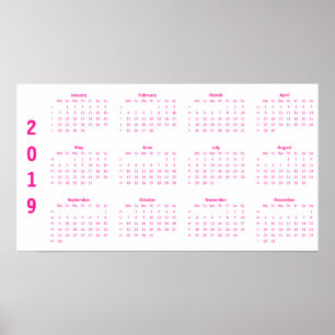 Affiche du calendrier minimaliste rose vif 2019