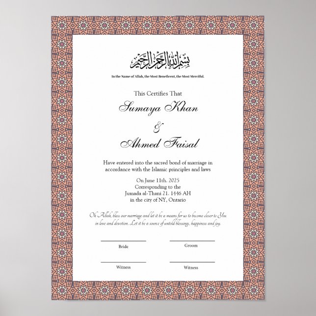 affiche du certificat de nikkah musulman islamique (Devant)
