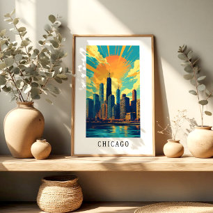 Affiche du coucher de soleil sur la skyline de Chi