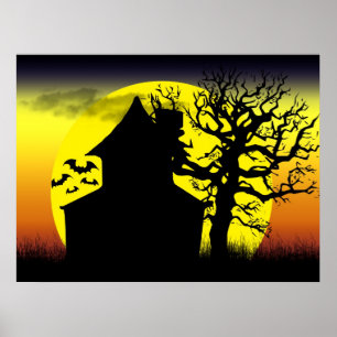 Affiche du coucher du soleil de la maison hantée