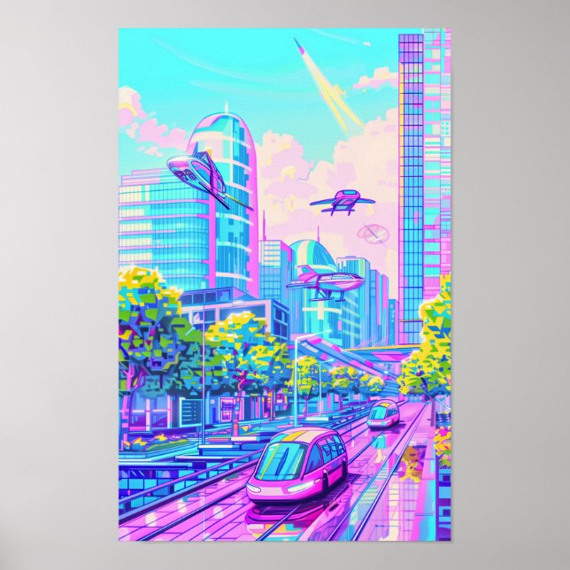 Affiche du paysage des voitures volantes futuriste (Devant)
